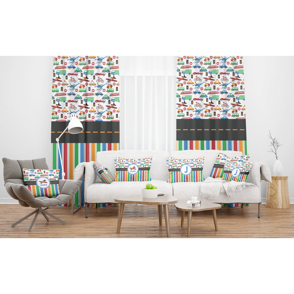 Transportation & Stripes Sheer and Custom Curtains in Room with Matching Pillows