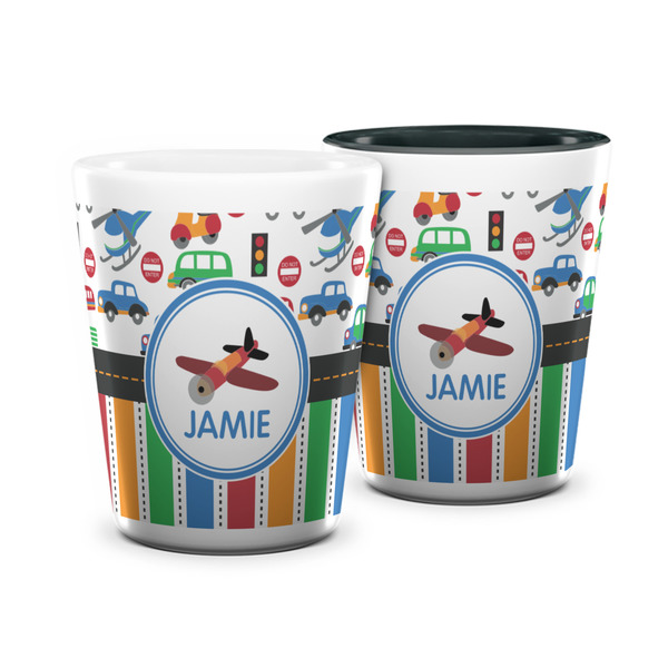 Custom Transportation & Stripes Ceramic Shot Glass - 1.5 oz (Personalized)