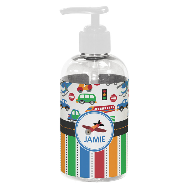 Custom Transportation & Stripes Plastic Soap / Lotion Dispenser (8 oz - Small - White) (Personalized)