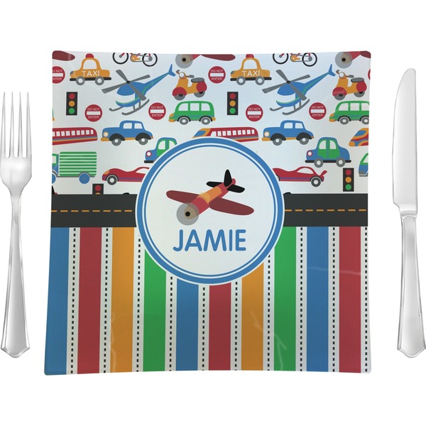Custom Transportation & Stripes 9.5" Glass Square Lunch / Dinner Plate- Single or Set of 4 (Personalized)