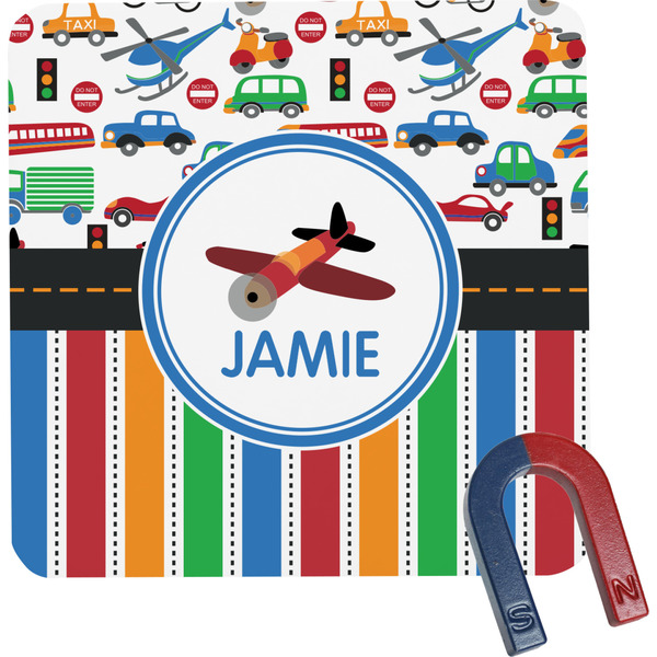 Custom Transportation & Stripes Square Fridge Magnet (Personalized)
