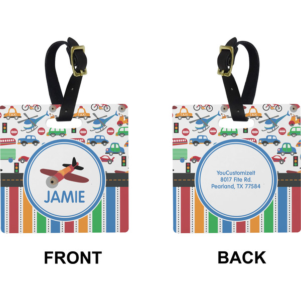 Transportation & Stripes Square Luggage Tag (Front + Back)
