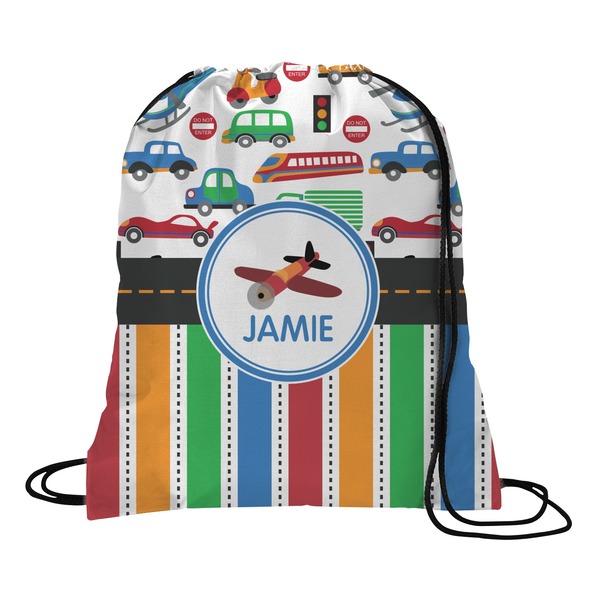 Custom Transportation & Stripes Drawstring Backpack - Medium (Personalized)