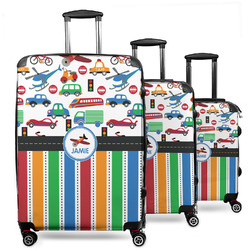 Transportation & Stripes 3 Piece Luggage Set - 20" Carry On, 24" Medium Checked, 28" Large Checked (Personalized)