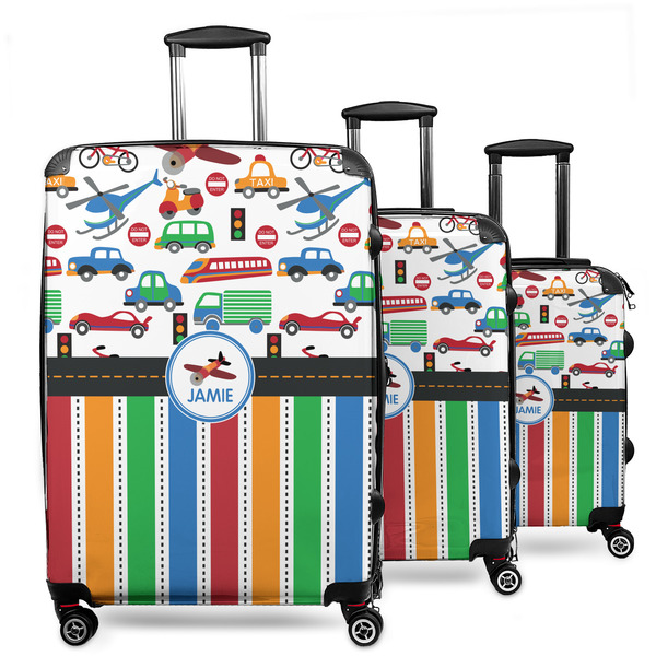 Custom Transportation & Stripes 3 Piece Luggage Set - 20" Carry On, 24" Medium Checked, 28" Large Checked (Personalized)