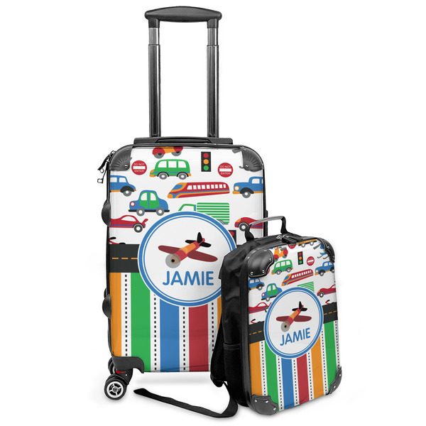 Custom Transportation & Stripes Kids 2-Piece Luggage Set - Suitcase & Backpack (Personalized)