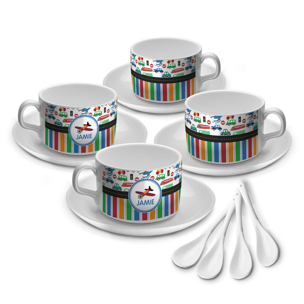 Custom Transportation & Stripes Tea Cup - Set of 4 (Personalized)