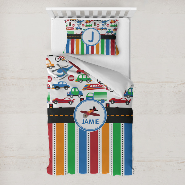 Custom Transportation & Stripes Toddler Bedding Set - With Pillowcase (Personalized)