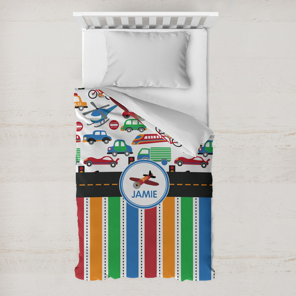 Custom Transportation & Stripes Toddler Duvet Cover w/ Name or Text
