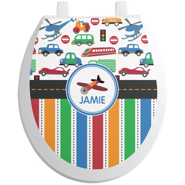 Custom Transportation & Stripes Toilet Seat Decal - Round (Personalized)