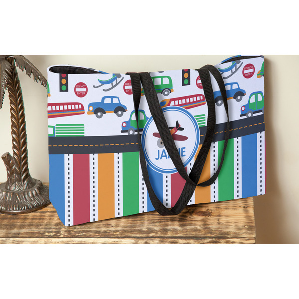 Transportation & Stripes Tote w/Black Handles - Lifestyle View