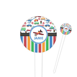 Transportation & Stripes 4" Round Plastic Food Picks - White - Double Sided (Personalized)