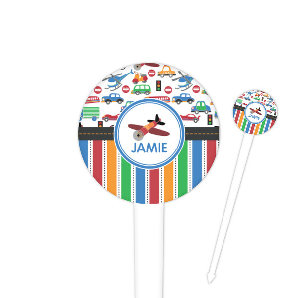 Custom Transportation & Stripes 4" Round Plastic Food Picks - White - Double Sided (Personalized)