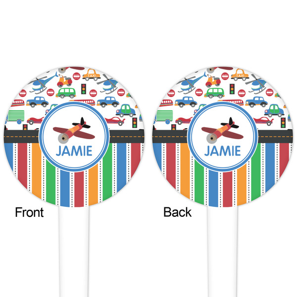 Transportation & Stripes White Plastic 4" Food Pick - Round - Double Sided - Front & Back