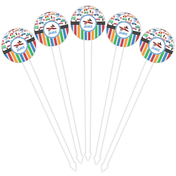 Transportation & Stripes White Plastic 4" Food Pick - Round - Fan View