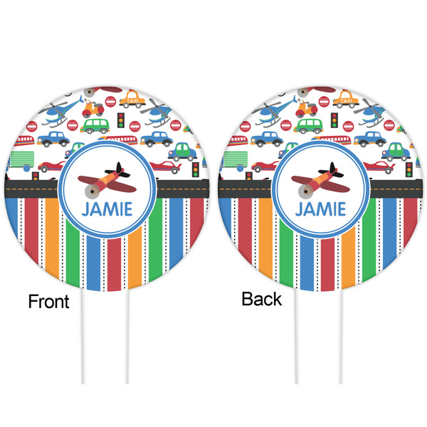 Transportation & Stripes White Plastic 6" Food Pick - Round - Double Sided - Front & Back