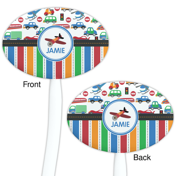 Transportation & Stripes White Plastic 7" Stir Stick - Double Sided - Oval - Front & Back