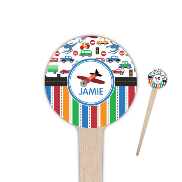 Custom Transportation & Stripes 4" Round Wooden Food Picks - Single Sided (Personalized)