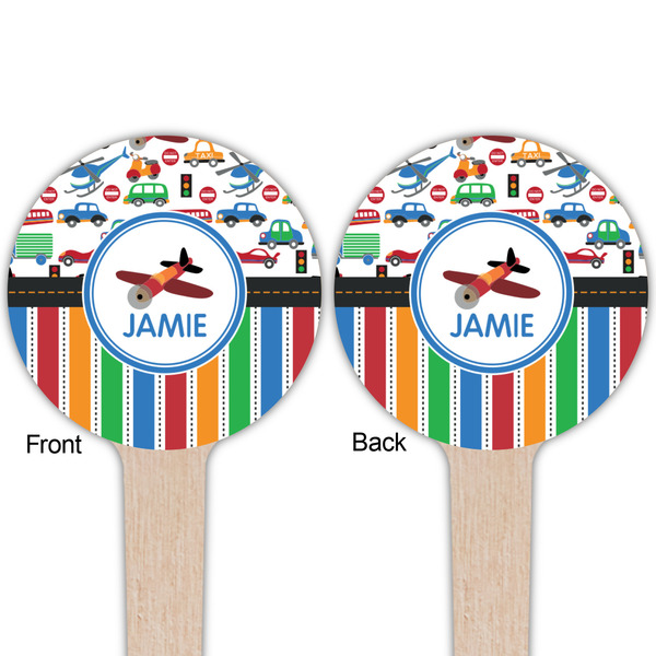 Transportation & Stripes Wooden 4" Food Pick - Round - Double Sided - Front & Back