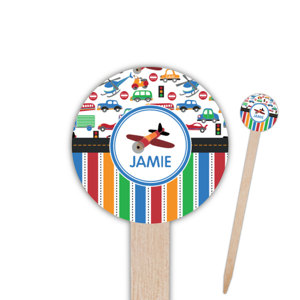Custom Transportation & Stripes Round Wooden Food Picks (Personalized)