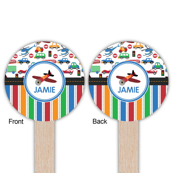Transportation & Stripes Wooden 6" Food Pick - Round - Double Sided - Front & Back