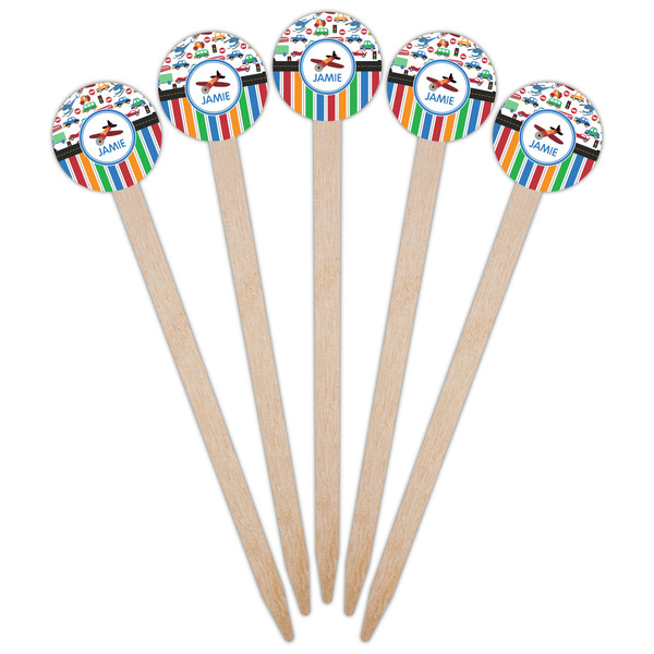 Transportation & Stripes Wooden 6" Food Pick - Round - Fan View