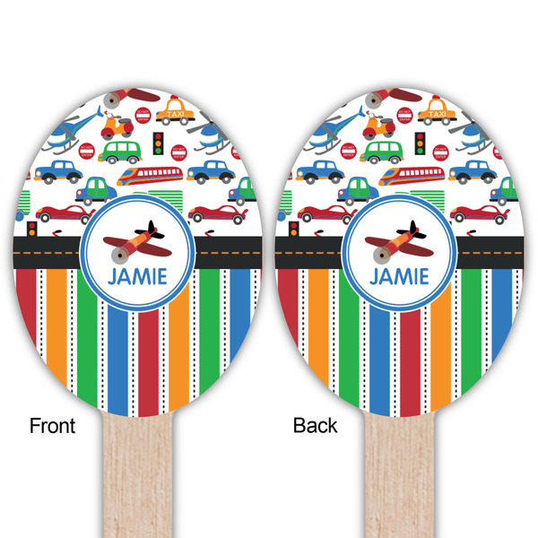 Transportation & Stripes Wooden Food Pick - Oval - Double Sided - Front & Back