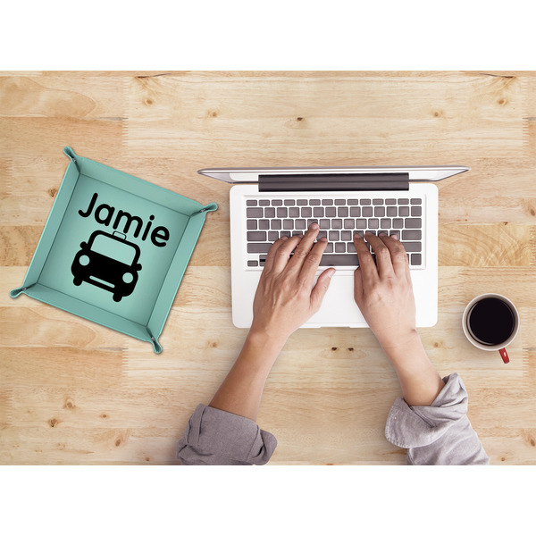 Transportation 9" x 9" Teal Leatherette Snap Up Tray - LIFESTYLE