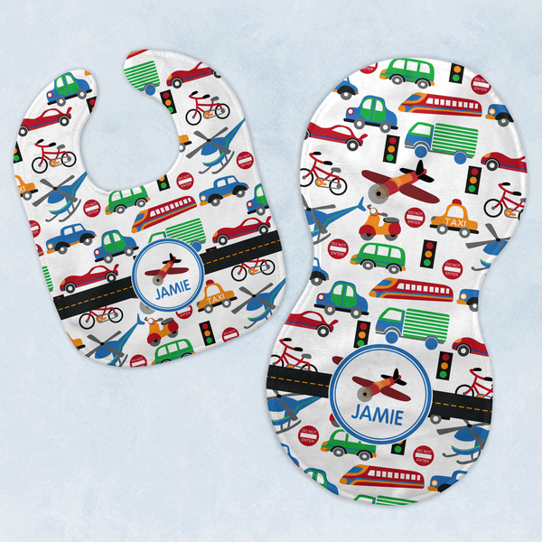 Custom Transportation Baby Bib & Burp Set w/ Name or Text