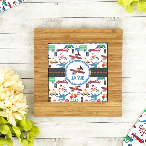 Transportation Bamboo Trivet with 6" Tile - LIFESTYLE