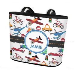 Transportation Bucket Tote w/ Genuine Leather Trim - Large w/ Front & Back Design (Personalized)