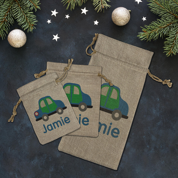 Transportation Burlap Gift Bags - LIFESTYLE (Flat lay)