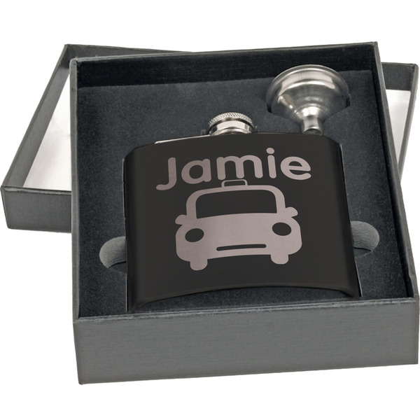 Transportation Engraved Black Flask Gift Set