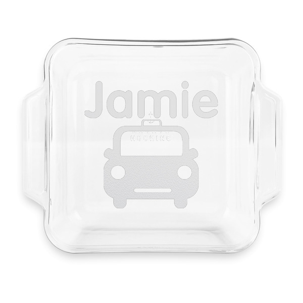Custom Transportation Glass Cake Dish with Truefit Lid - 8in x 8in (Personalized)