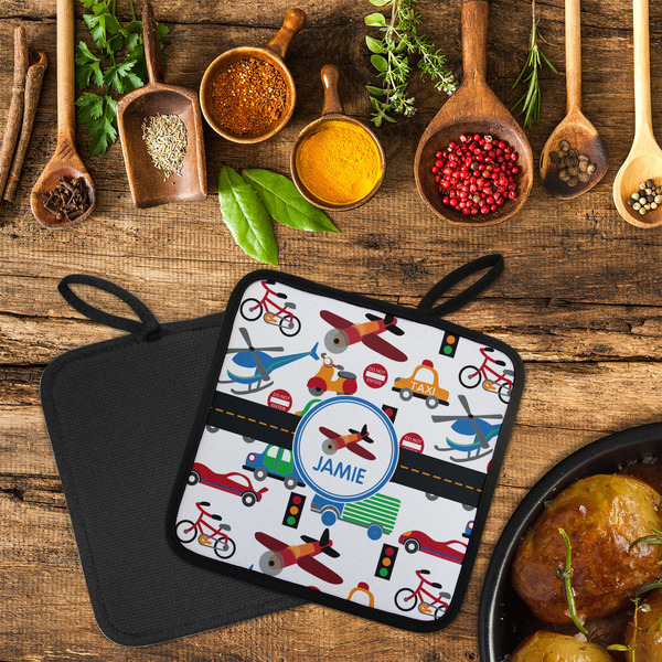 Transportation Neoprene Pot Holder - Set of 2  LIFESTYLE (Flatlay)