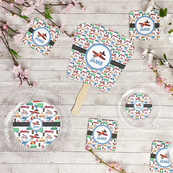 Transportation Party Supplies Combination Image - All items - Plates, Coasters, Fans
