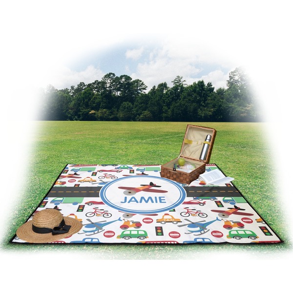 Transportation Picnic Blanket - with Basket Hat and Book - in Use