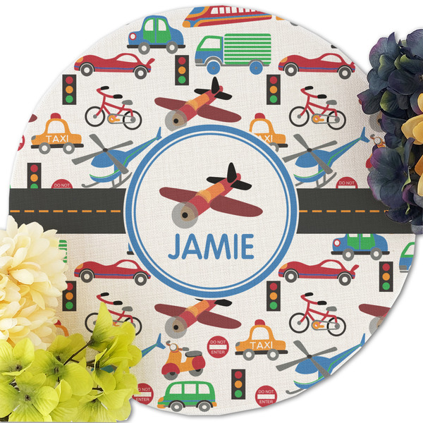 Transportation Round Linen Placemats - Front (w flowers)