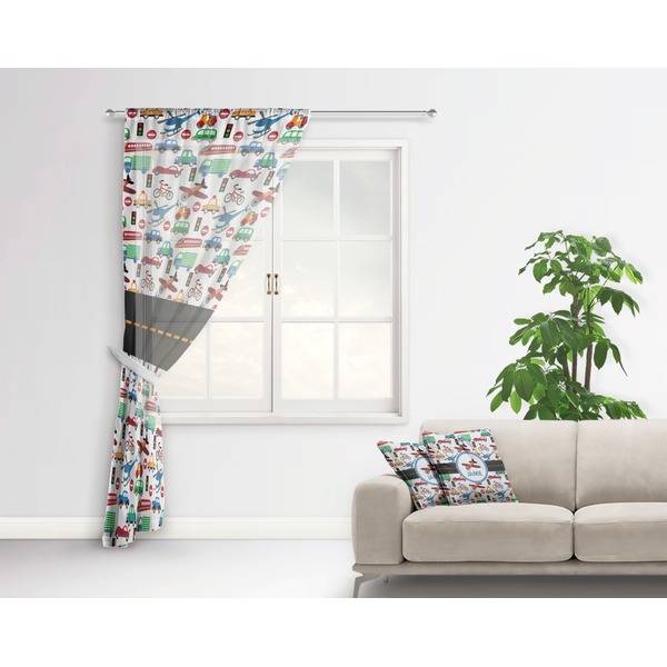 Transportation Sheer Curtain With Window and Rod - in Room Matching Pillow