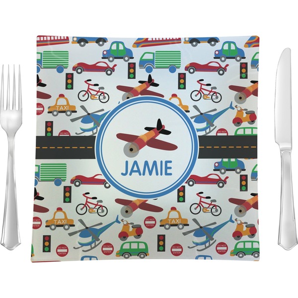 Custom Transportation 9.5" Glass Square Lunch / Dinner Plate- Single or Set of 4 (Personalized)