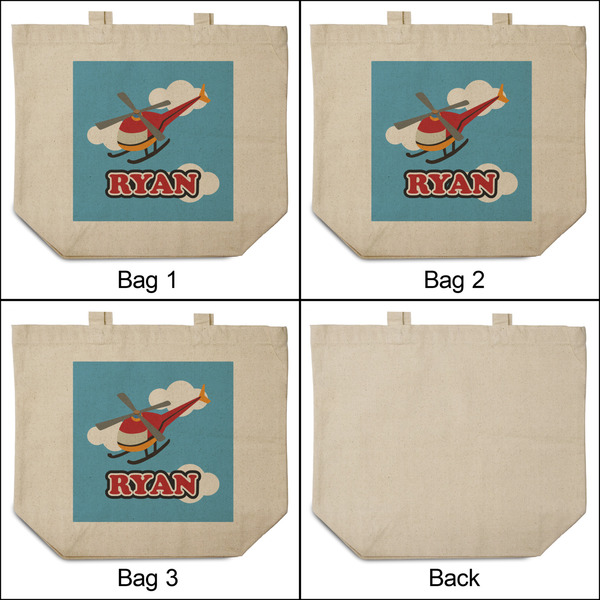 Helicopter 3 Reusable Cotton Grocery Bags - Front & Back View