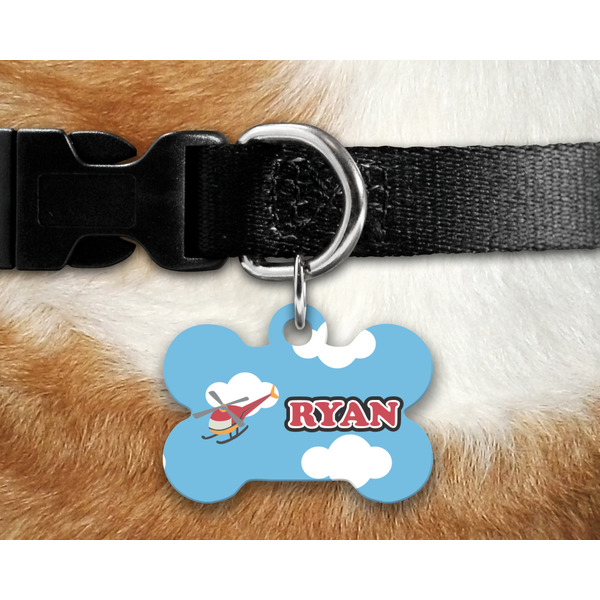 Helicopter Bone Shaped Dog Tag on Collar & Dog