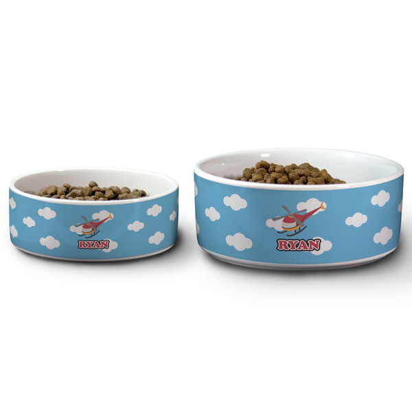 Helicopter Ceramic Dog Bowls - Size Comparison