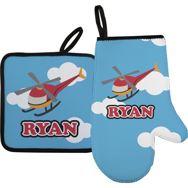 Custom Helicopter Right Oven Mitt & Pot Holder Set w/ Name or Text