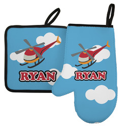 Helicopter Left Oven Mitt & Pot Holder Set w/ Name or Text