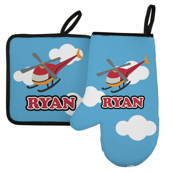 Custom Helicopter Left Oven Mitt & Pot Holder Set w/ Name or Text