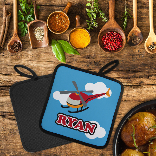 Helicopter Neoprene Pot Holder - Set of 2  LIFESTYLE (Flatlay)