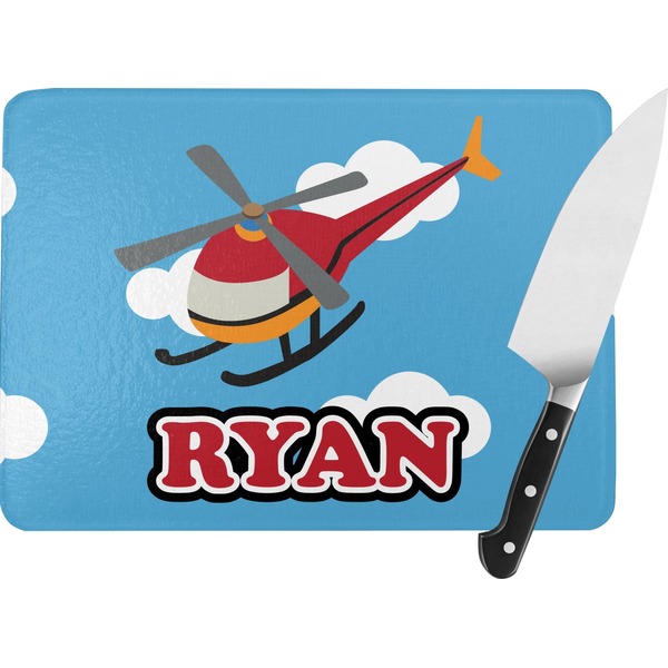 Custom Helicopter Rectangular Glass Cutting Board - Large - 15.25"x11.25" w/ Name or Text