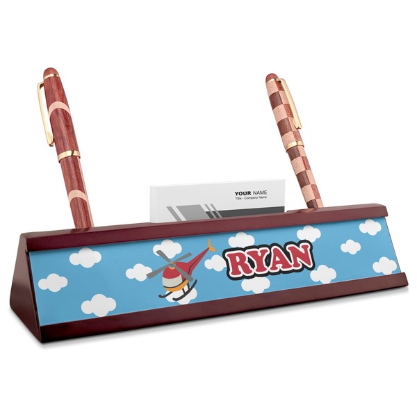 Custom Helicopter Red Mahogany Nameplate with Business Card Holder (Personalized)