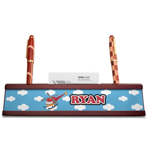 Helicopter Red Mahogany Nameplates with Business Card Holder - Straight